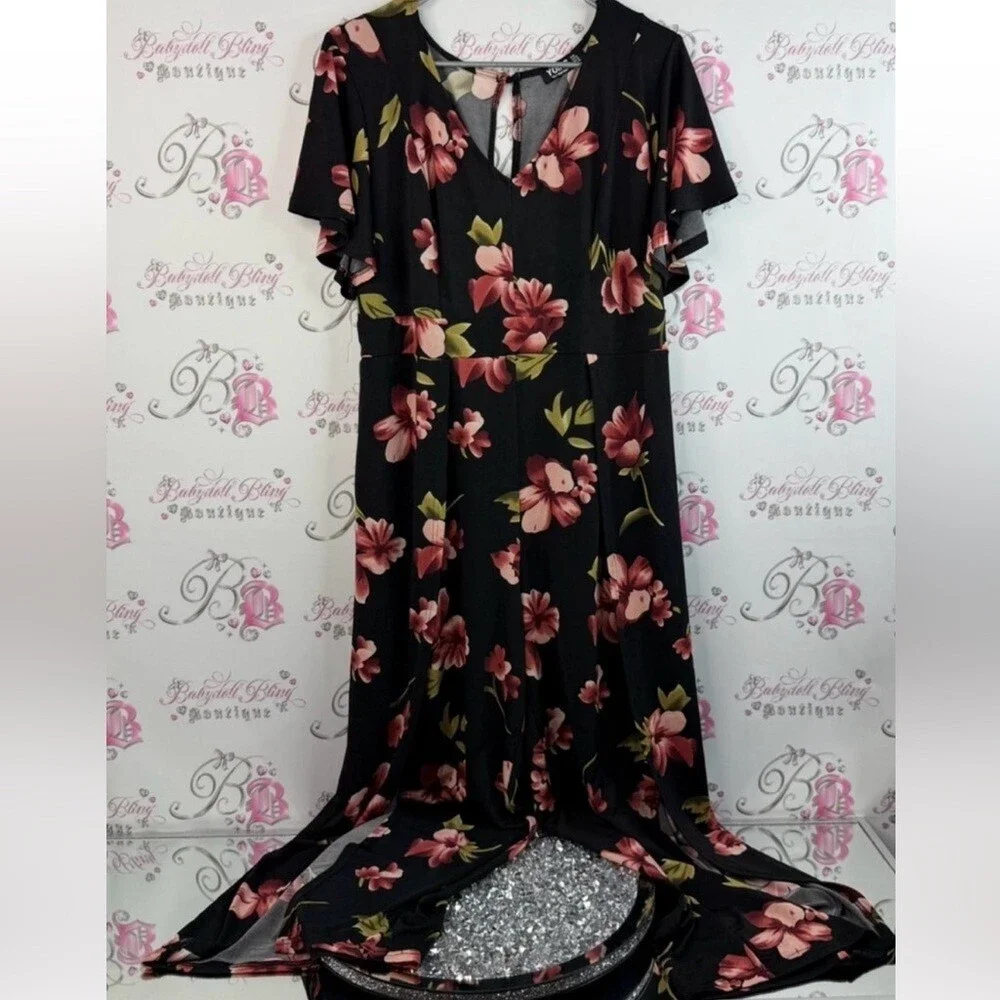 YOINS pants suit jumper romper flowy ruffle sleeve Black Pink Floral Jumpsuit